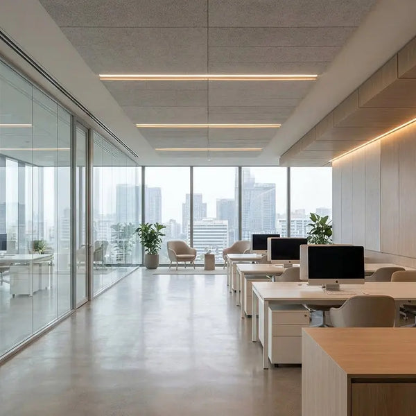 A modern open-plan office with glass walls and concrete surfaces, featuring elegantly integrated acoustic panels on the ceiling and walls in warm neutral tones.