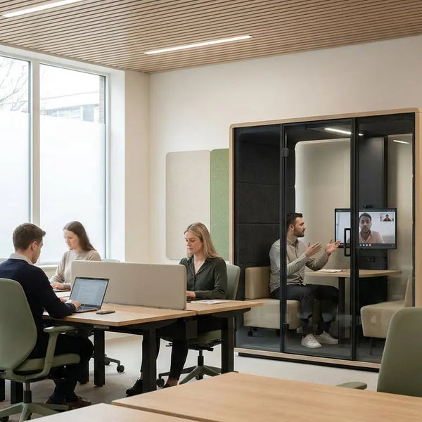 A calm, modern hybrid office with acoustic panels on the walls and ceiling, where employees work at desks while a colleague takes a video call in a nearby acoustic pod.
