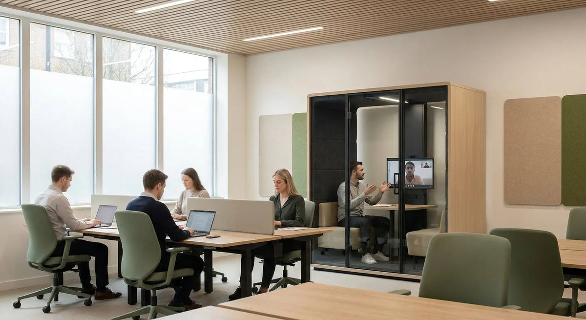 A calm, modern hybrid office with acoustic panels on the walls and ceiling, where employees work at desks while a colleague takes a video call in a nearby acoustic pod.