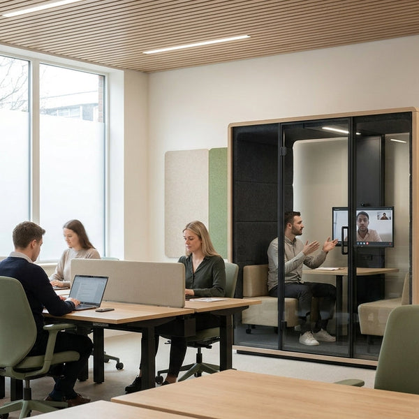 A calm, modern hybrid office with acoustic panels on the walls and ceiling, where employees work at desks while a colleague takes a video call in a nearby acoustic pod.