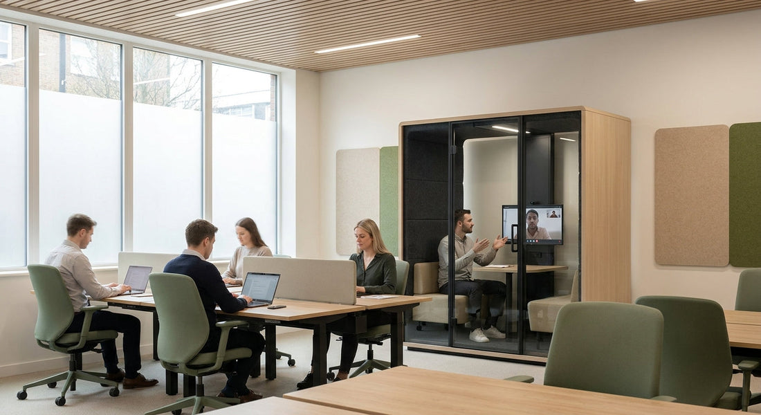 A calm, modern hybrid office with acoustic panels on the walls and ceiling, where employees work at desks while a colleague takes a video call in a nearby acoustic pod.