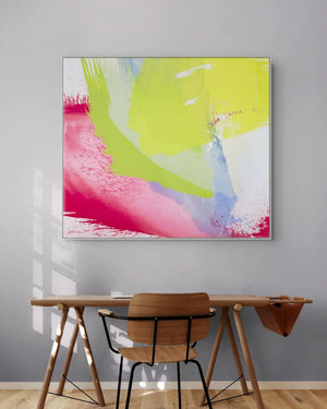 Abstraktes Kunstwerk 0030 von Manfred Binzer mit leuchtenden Farbflächen in Limettengrün, Gelb, Pink und Hellblau. Dynamische Pinselstrukturen und transparente Farbschichten auf hellem Hintergrund. Als großformatiges schallabsorbierendes Akustikbild für moderne Wohnräume, Büros und Empfangsbereiche erhältlich.