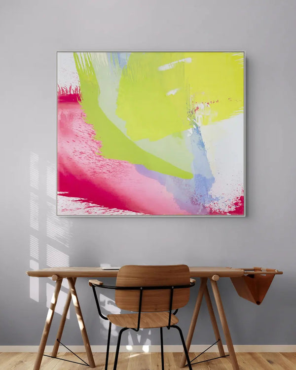 Abstraktes Kunstwerk 0030 von Manfred Binzer mit leuchtenden Farbflächen in Limettengrün, Gelb, Pink und Hellblau. Dynamische Pinselstrukturen und transparente Farbschichten auf hellem Hintergrund. Als großformatiges schallabsorbierendes Akustikbild für moderne Wohnräume, Büros und Empfangsbereiche erhältlich.