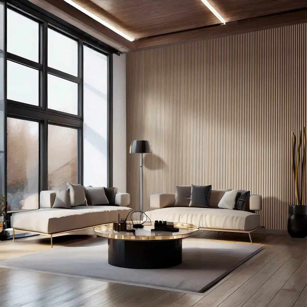 Akustikpaneele aus Holz im Wohnzimmer hohe Räume