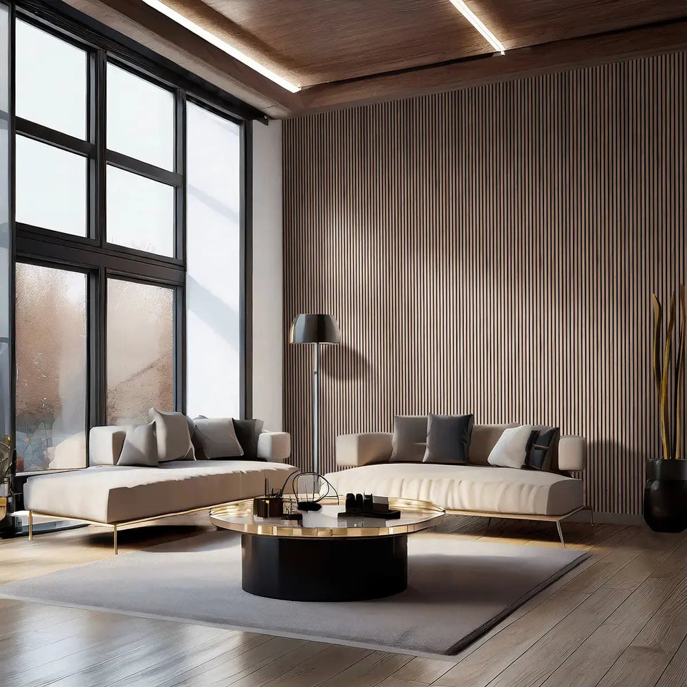 Akustikpaneele aus Holz im Wohnzimmer hohe Räume