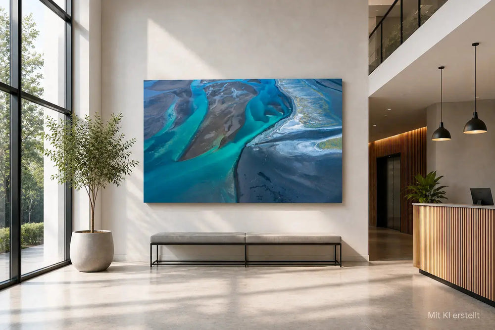 Foyer mit großem Schallabsorber mit Fluss-Motiv